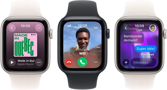 Trois Apple Watch SE 3 côte à côte, la première affiche l’app Apple Music, la deuxième un appel entrant, et la troisième un échange iMessage