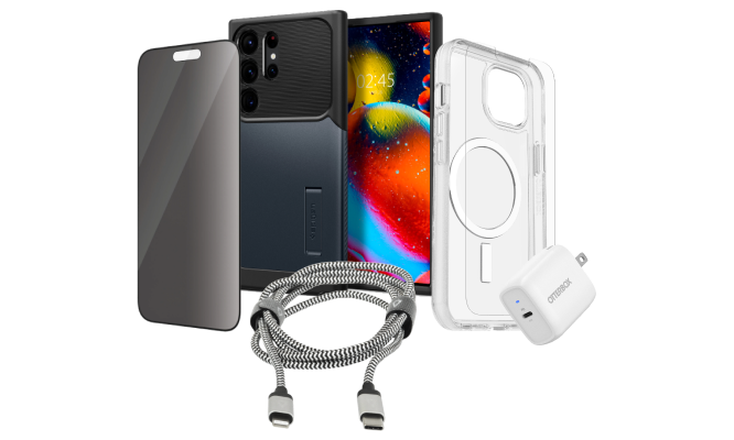 A screen protector, a back and front view of a phone case, a power kit and a braided USB-C to Lightning cable.
