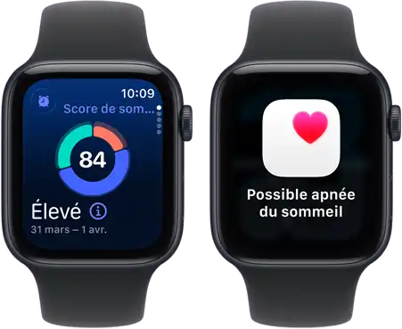 Deux Apple Watch SE 3 avec boîtiers en aluminium minuit affichent respectivement sur leur écran le score de sommeil et une alerte Possible apnée du sommeil