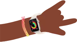 Illustration caricaturale de poignets d’enfants portant une Apple Watch SE 3 affichant l’app Activité
