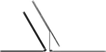 2 iPad Pro devices attached to Magic Keyboard, side exterior, thin profile, space black colour with speakers and USB-C port, tilted half open, silver colour, open, tilted back showing the keyboard’s floating cantilever design, speakers and microphone