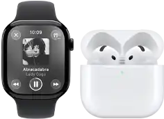 Apple Watch Series 11, titanium slate case, band: black sport band, Apple Music app open, paired with AirPods 4