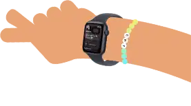 Illustration caricaturale de poignets d’enfants portant une Apple Watch SE 3 affichant l’app Messages