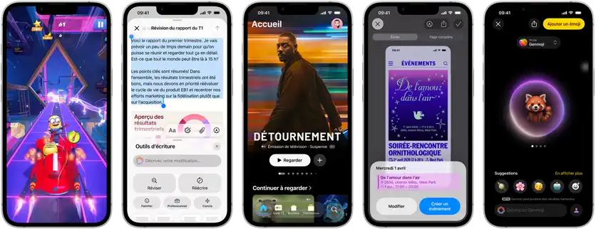 iPhone dix-sept-e côte à côte affichant différents écrans : un jeu en cours, les outils d’écriture, l’app Apple TV, la création d’un événement dans Calendrier et la création d’un Genmoji