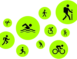 Icônes représentant des exercices, des personnages allumette animés courent, marchent, nagent, utilisent un fauteuil roulant, font de la randonnée, du vélo, des fentes et du yoga, dansent et s’étirent