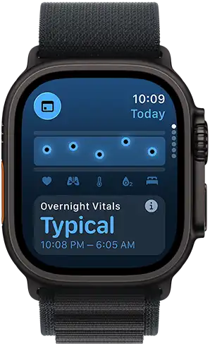 Apple Watch Ultra 3, black colour titanium case, Vitals app, chart scoring health, Overnight Vitals outliers notification