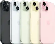 Vue arrière de cinq iPhone 15 montrant le système caméra avancé et le verre pigmenté du boîtier dans les différents finis : noir, bleu, vert, jaune et rose.