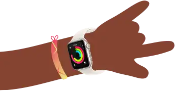 Cartoon illustration of kid's wrist wearing Apple Watch SE 3 with the Activity app open on the screen