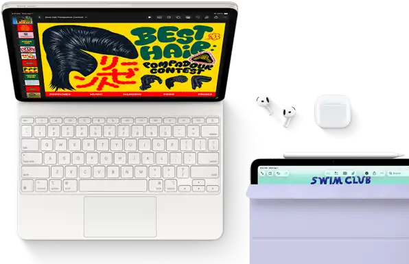 iPad Air, Starlight colour, colourful graphics on screen, attached to Magic Keyboard, AirPods Pro and Apple Pencil Pro accessories