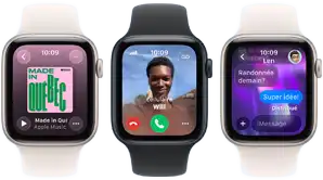 Trois Apple Watch SE 3 côte à côte, la première affiche l’app Apple Music, la deuxième un appel entrant, et la troisième un échange iMessage