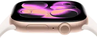 Apple Watch Series 11, aluminum rose gold case, Responsive Art watch face, right side exterior: Digital Crown, microphone, side button, light blush Sport Band