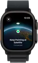 Apple Watch Ultra 3, black colour, titanium case, "Keep Pointing at Satellite" over Earth with a location on screen, band, Alpine Loop
