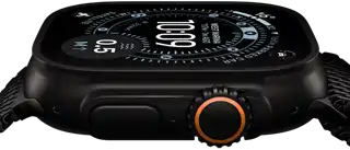 Apple Watch Ultra 3, side exterior, black titanium case, compass on Orienteering watch face, side button and digital crown