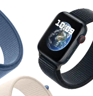 Apple Watch SE with Sport Loop band displaying Astronomy wallpaper showing planet Earth.