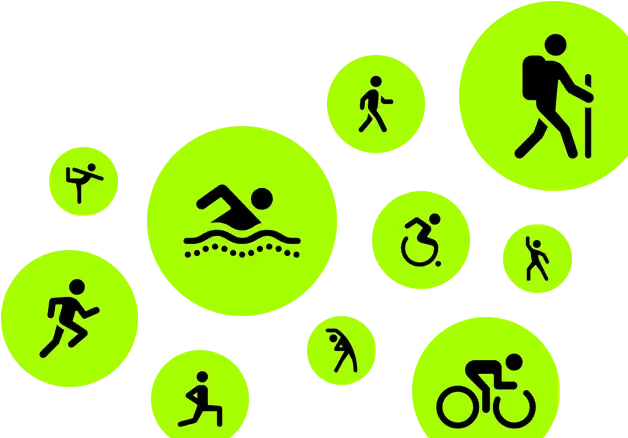 Workout icons, animated stick people running, walking, swimming, using wheelchair, hiking, cycling, lunging, dancing, stretching and doing yoga