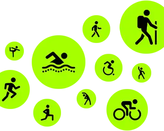 Workout icons, animated stick people running, walking, swimming, using wheelchair, hiking, cycling, lunging, dancing, stretching and doing yoga
