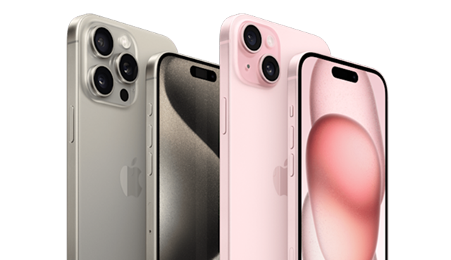 Four iPhone smartphones of varying sizes and colours, standing vertically and displaying their camera lenses and screens.