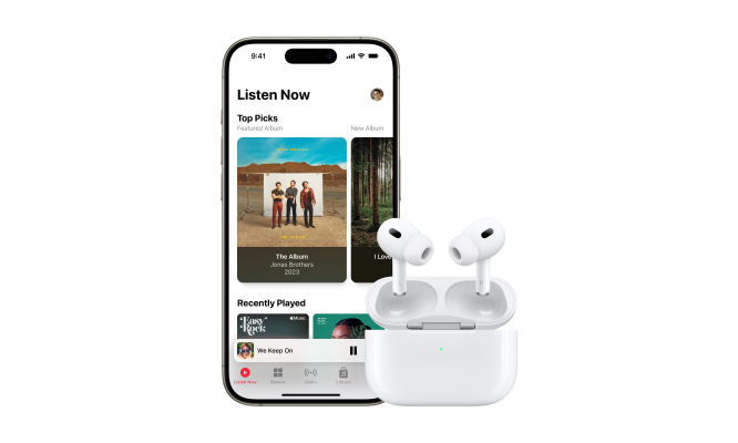 Front view of iPhone 15 displaying the Apple Music app next to a pair of AirPods Pro (2nd generation).