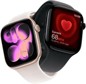 Apple Watch Series 11, aluminum rose gold, Responsive Art watch face, right side exterior: Digital Crown, microphone, side button, light blush Sport Band, Apple Watch Series 11, aluminum jet black, Heart Rate app, current beats per minute, right side exterior: Digital Crown, black Sport Band