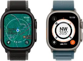 Two Apple Watch Ultra 3 devices, one showing maps and the other showing Backtrack features, including compass, elevation and marked waypoints
