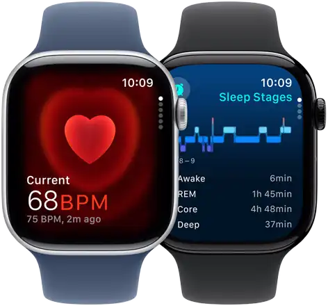 The Heart Rate app showing a current reading of 68 BPM and the sleep apnea notification screen on two separate Apple Watch Series 10 devices