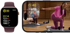 Apple Watch next to iPhone with Apple Fitness+ class on screen