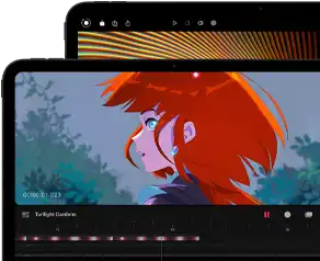 13-inch iPad Pro and 11-inch iPad Pro, front exterior, landscape orientation, space black colour, rounded corners, black display bezel, 11-inch display showing a vibrant image of a character with red hair, 13-inch display showing colourful photo editing interface elements