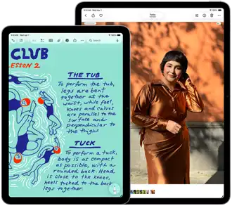 Two iPad Air, sizes: 11-inch and 13-inch, 11-inch shows colourful text on the Notes app, 13-inch screen shows a photo of a person on the Photos app