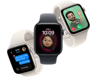 A collection of three Apple Watches displaying different screens