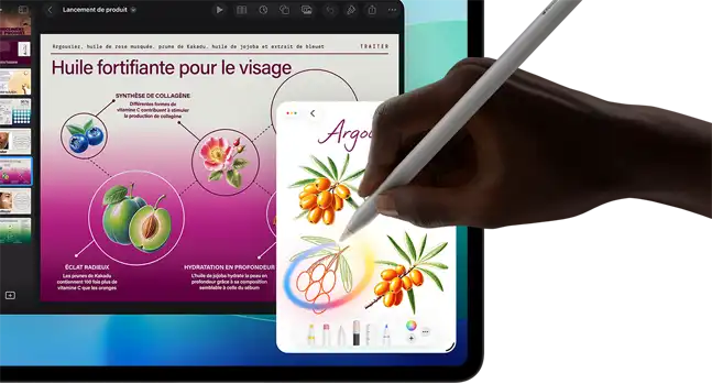 iPad Pro, écran sur la face avant arborant un arrière-plan dégradé bleu foncé et vert avec plusieurs apps en cours d’exécution, main tenant un Apple Pencil Pro qui entoure un croquis afin de montrer la fonctionnalité Apple Intelligence de baguette graphique