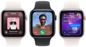 Three Apple Watch SE 3 devices next to each other, one showing the Apple Music app, one showing an incoming phone call and one showing an iMessage exchange