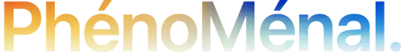 Titre « PhénoMénal. » avec M majuscule, dégradé passant de l’orange au bleu