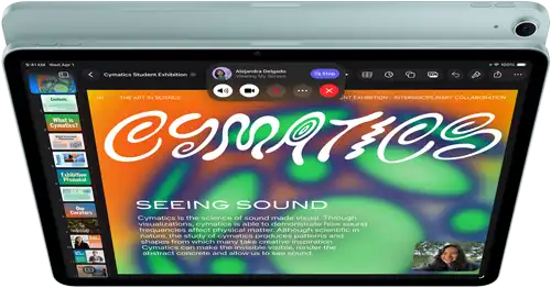 iPad Air, Blue colour, top exterior, screen showing Keynote app on screen sharing feature during FaceTime video call, back exterior, 12MP Wide back camera, volume-up button, volume-down button