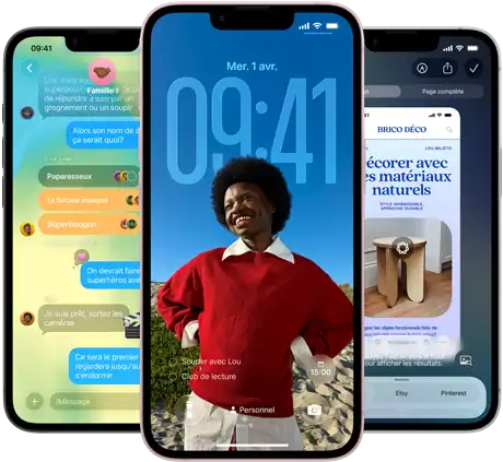 Trois iPhone dix-sept-e, montrant l’app Messages avec le design en Liquid Glass, l’écran verrouillé dynamique et l’intelligence visuelle en cours d’utilisation