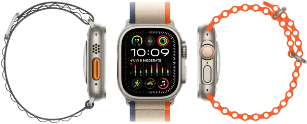 Apple Watch Ultra 2 showing compatibility with three different band types, large display, rugged titanium case, orange action button and digital crown
