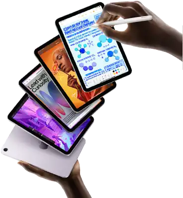 Five iPad mini models are shown in a fan formation held by a user's hands. One model shows the back camera, the other four are front-facing. Apple Pencil Pro is being used to take notes