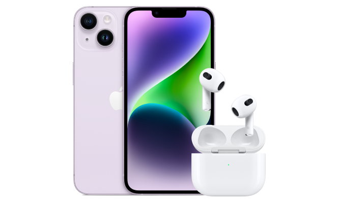 Apple AirPods (3rd generation) with a back and front view of an iPhone 14 in purple.