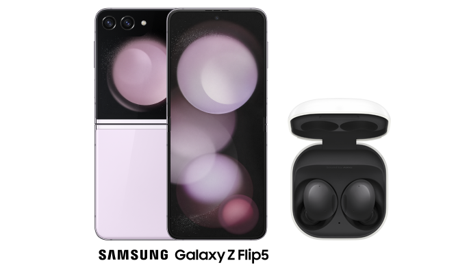 Back and front view of Samsung Galaxy Z Flip5 next to a pair of Galaxy Buds2 with charging case.
