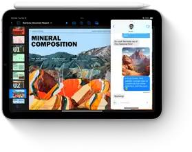 iPad mini is shown in landscape view with Apple Pencil laying across the top. The display highlights the multitasking and new Apple Intelligence features of iPad mini