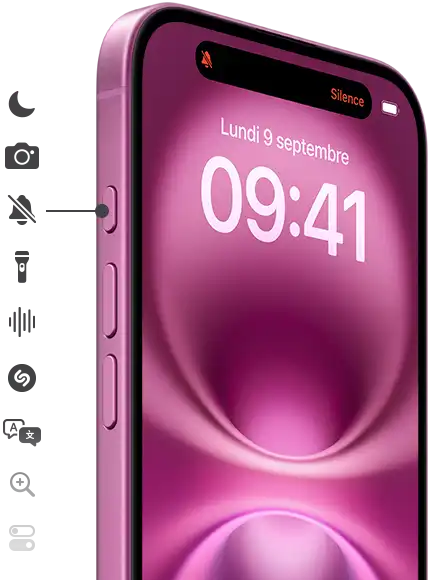 Appuyez longuement sur le bouton Action pour activer la fonctionnalité de votre choix: mode Concentration, app Appareil photo, mode Silence, Lampe de poche, Dictaphone, Shazam, et plus encore