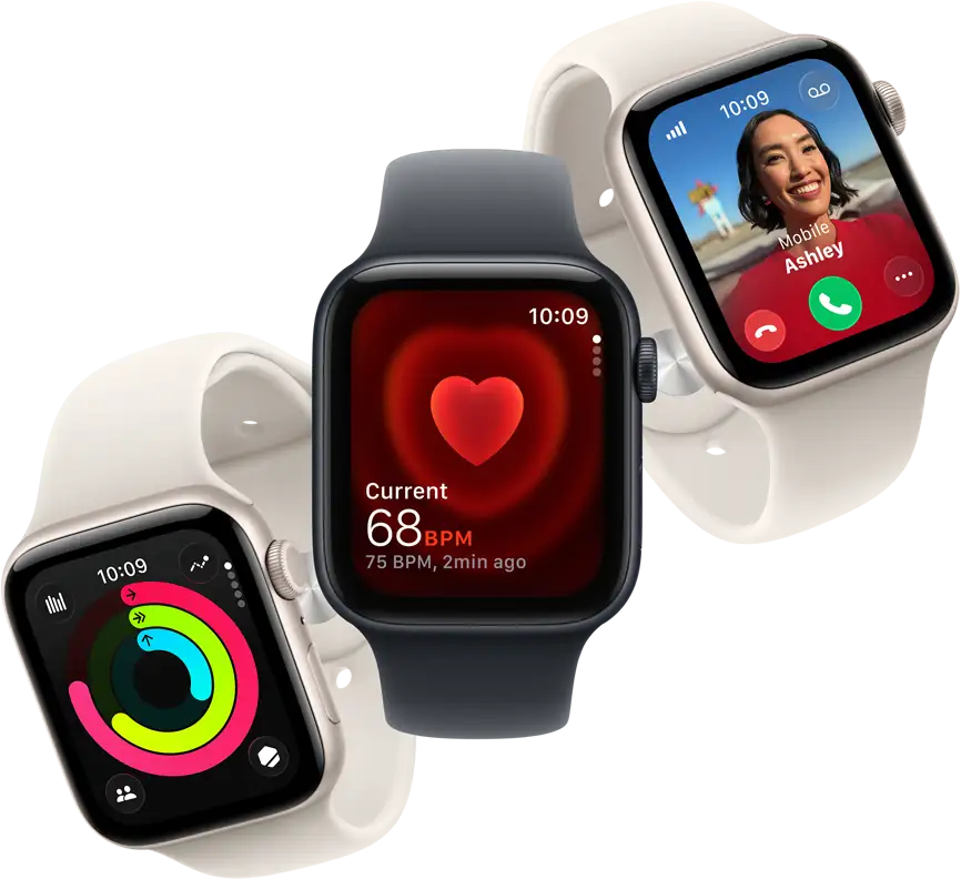 Three Apple Watch SE 3 devices floating next to each other