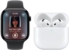 Apple Watch Series 11, boîtier en titane ardoise, bracelet : sport noir, app Musique ouverte, jumelée avec des AirPods 4