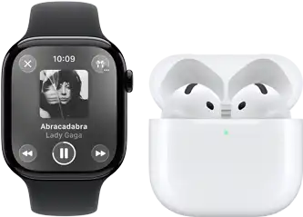 Apple Watch Series 11, titanium slate case, band: black sport band, Apple Music app open, paired with AirPods 4