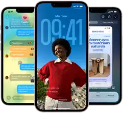 Trois iPhone dix-sept-e, montrant l’app Messages avec le design en Liquid Glass, l’écran verrouillé dynamique et l’intelligence visuelle en cours d’utilisation