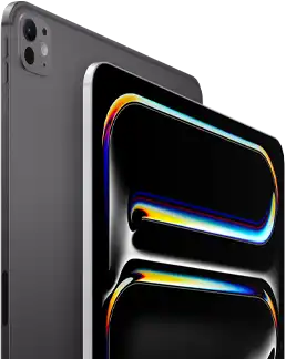 iPad Pro, back side exterior, space black colour, volume buttons and pro camera system, iPad Pro, front side exterior, silver colour, rounded corners, black display bezel, display showing black background with multicoloured abstract line art