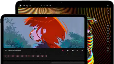 iPad Pro 13 pouces et iPad Pro 11 pouces, face avant, orientation paysage, noir infini, coins arrondis, bordure d’écran noire, l’écran de 11 pouces montrant l’image colorée d’une personne avec des cheveux rouges, l’écran de 13 pouces montrant une photo colorée avec des éléments d’interface d’un outil de retouche