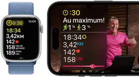 Apple Watch montrant des données d’entraînement et iPhone montrant un entraînement Apple Fitness+.