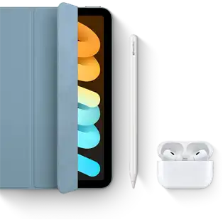 Un iPad mini est utilisé avec un Smart Folio, un Apple Pencil Pro et des AirPods Pro