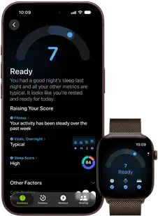 iPhone 18 Pro, black, front exterior, displaying the results of the Readiness status (score of 7), paired with Apple Watch, front facing, brown, displaying the same Readiness score of 7