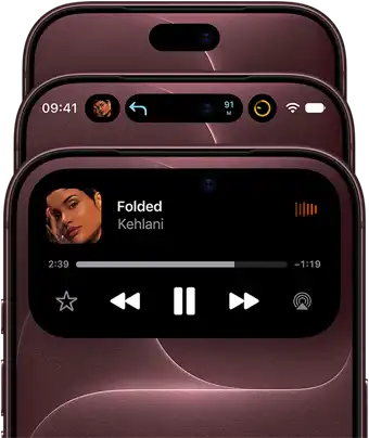 Trois iPhone 18 Pro bourgogne, l’un derrière l’autre, décalés pour montrer la Dynamic Island, qui apparaît dans différents états, désactivée, réduite, agrandie